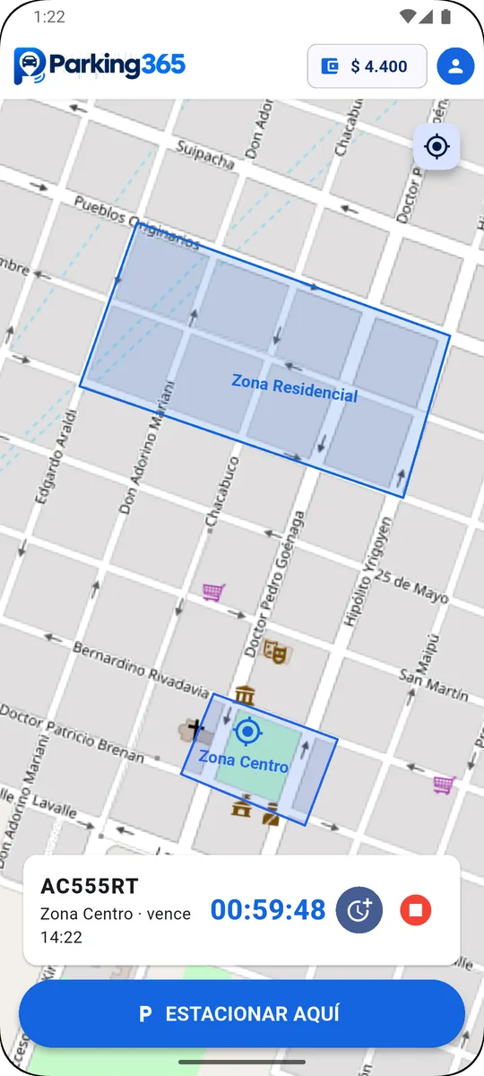 Estacionamiento activo con cuenta regresiva en la app