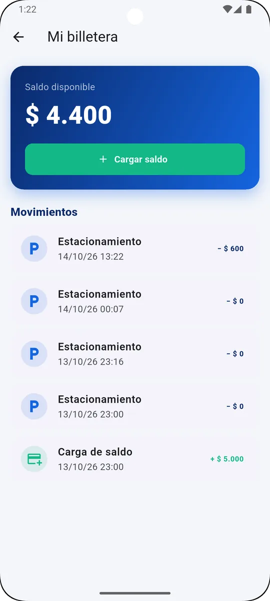 Billetera con saldo y movimientos