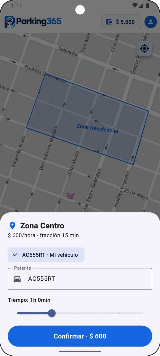 Pantalla para confirmar patente y elegir tiempo