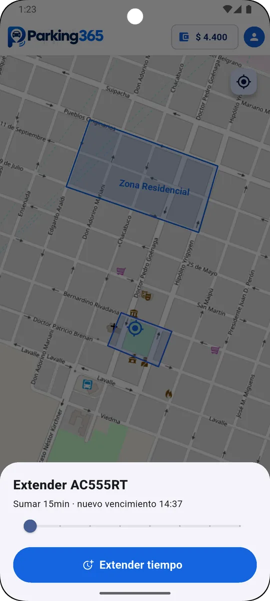 Pantalla para extender el tiempo de estacionamiento
