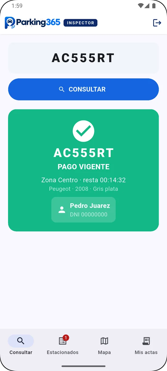 App Inspector con el resultado Pago vigente para una patente, zona y tiempo restante