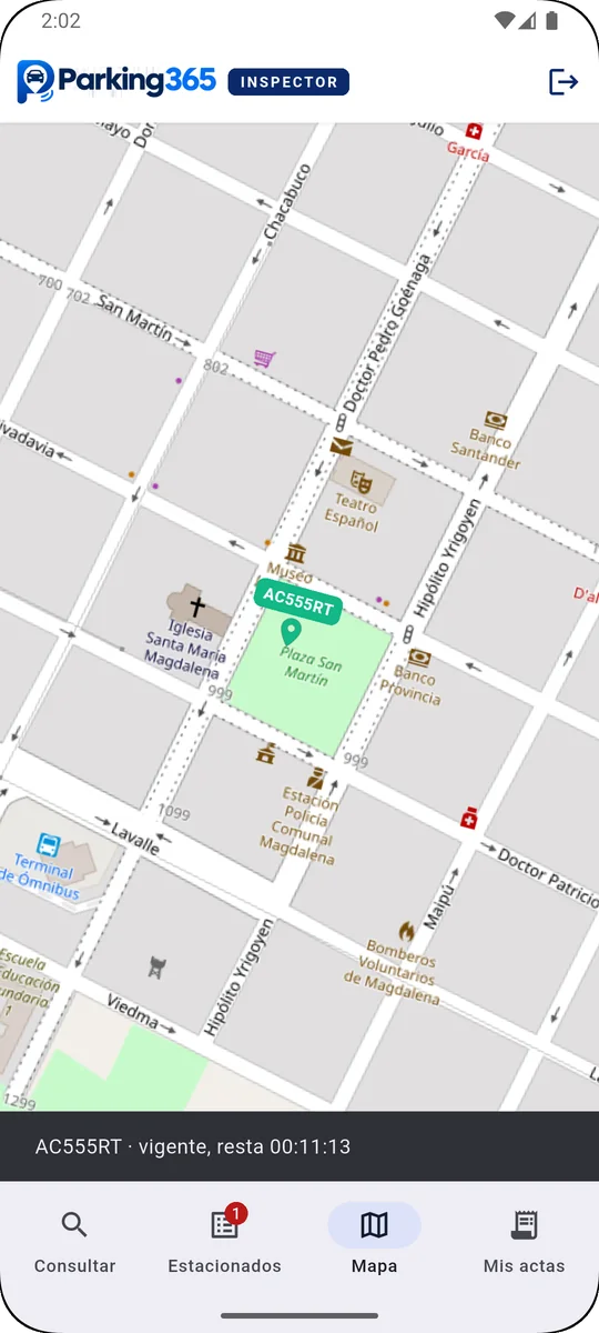 Mapa con la ubicación de un vehículo estacionado y su tiempo restante