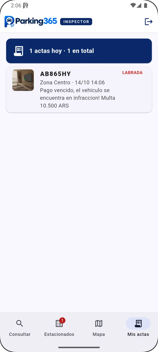 Listado de actas labradas con foto, zona, fecha, motivo y monto de la multa