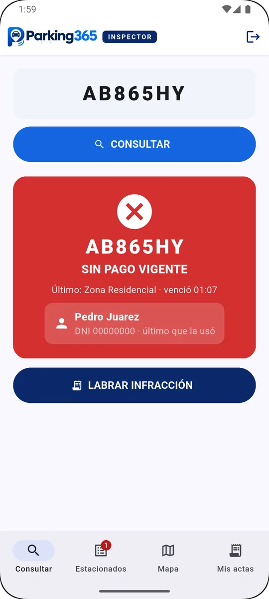 App Inspector con el resultado Sin pago vigente y el botón Labrar infracción