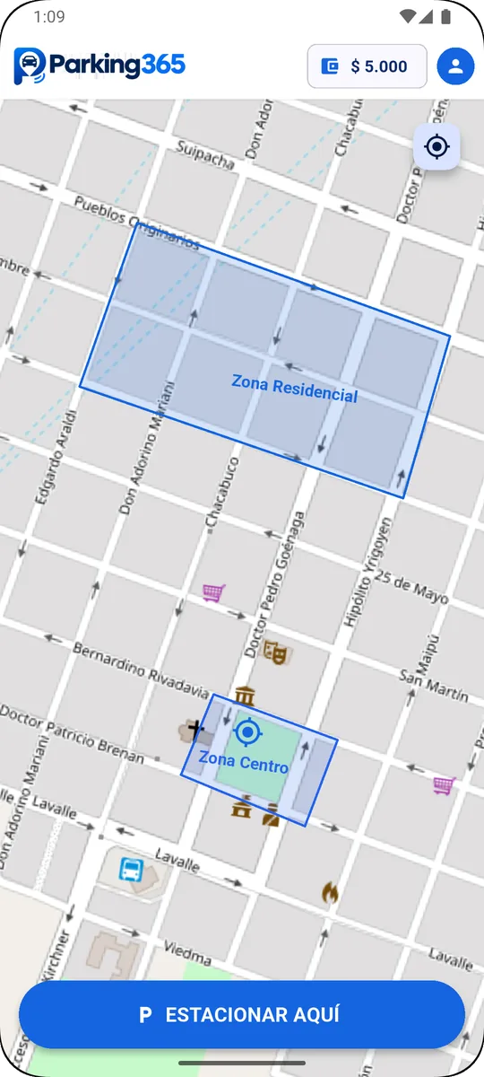 Mapa de la app Parking 365 con las zonas de estacionamiento medido